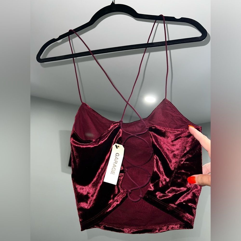 NWT LACE UP BACK, VELVET CAMI. Wine/Burgundy color. Never been worn.